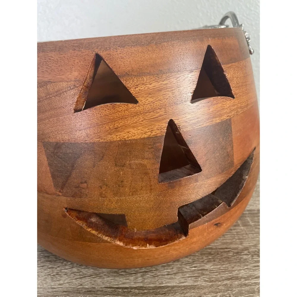 Martha Stewart Wooden Jack O Lantern Candy Bowl Halloween Pumpkin Bucket